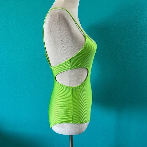 NWT Aerie Shine Rib Voop Cheeky One Piece Swimsuit Harlequin Green Cut Out Sz XS - Picture 4 of 7